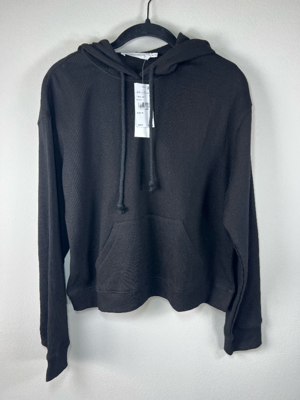 All In Favor Waffle Knit Hoodie Shirt Black Kangaroo Pocket Thermal Basic NEW M